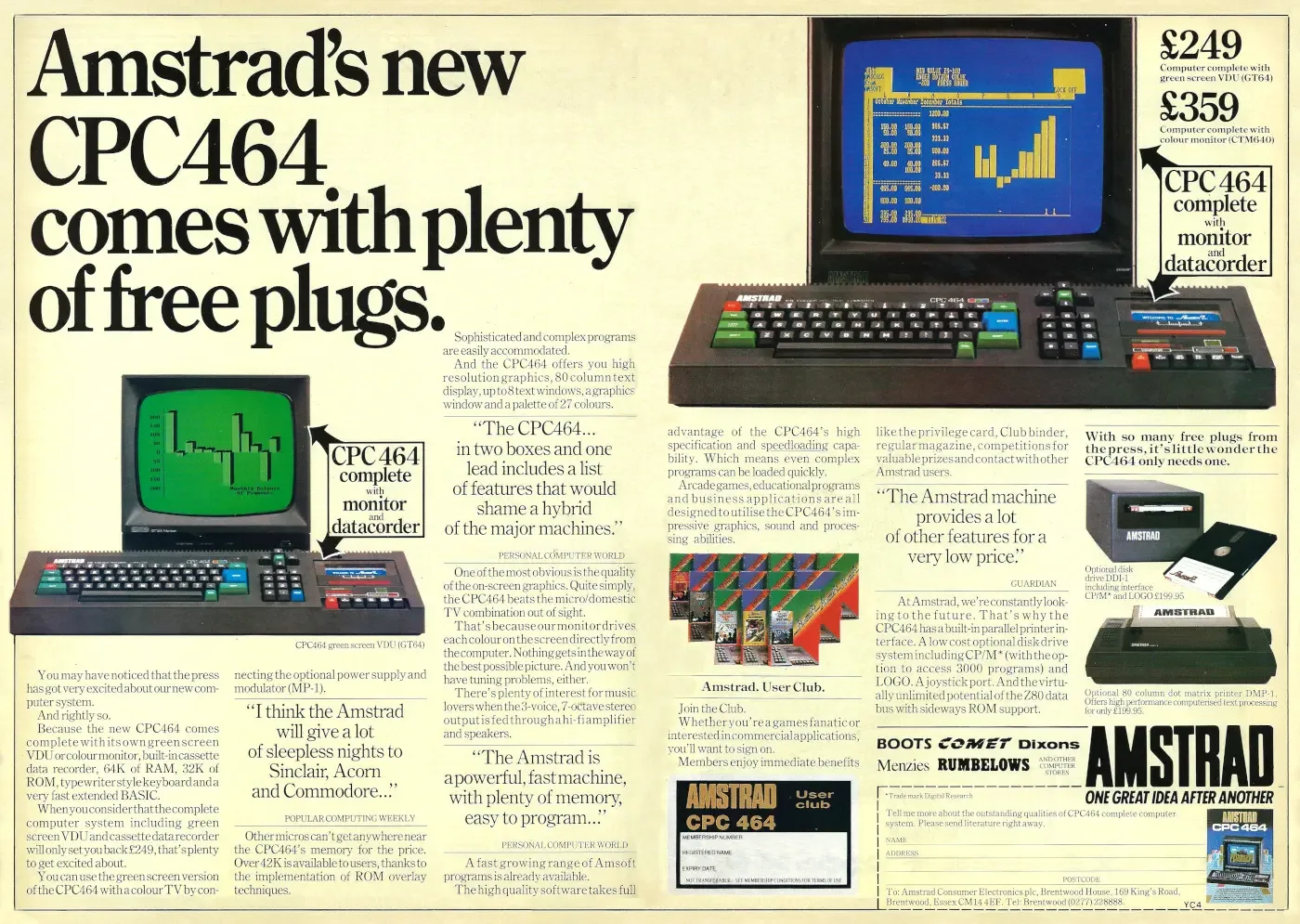 Vintage 1984 Amstrad CPC464 magazine advertisement headlined Amstrad new CPC464 comes with plenty of free plugs