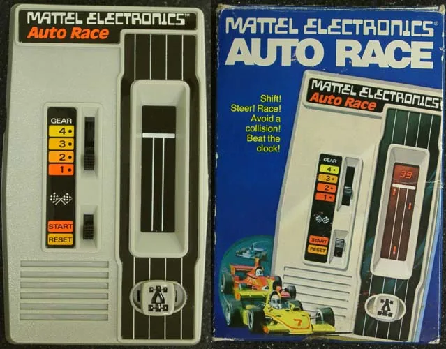 The Mattel Auto Race handheld unit next to its original retail box art