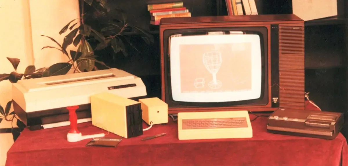 A complete CoBra home computer setup with monitor, dual floppy drives, printer and cassette deck