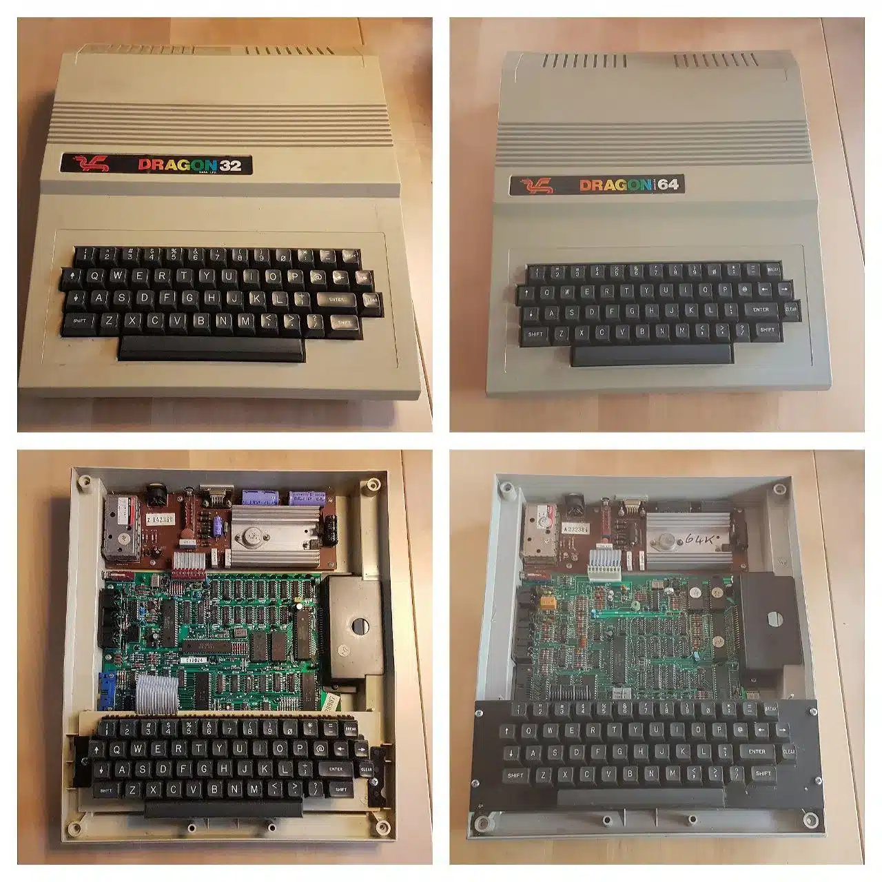 Front and interior comparison of the Dragon 32 and Dragon 64, showing their near-identical motherboards.