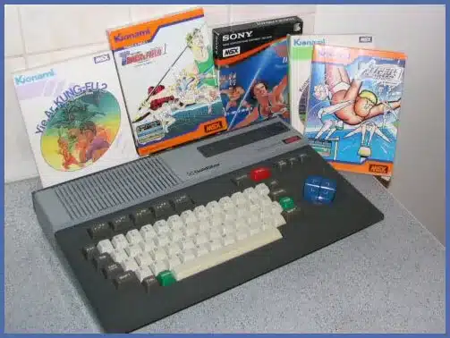 Goldstar FC-200 MSX computer with Konami and Sony MSX game boxes