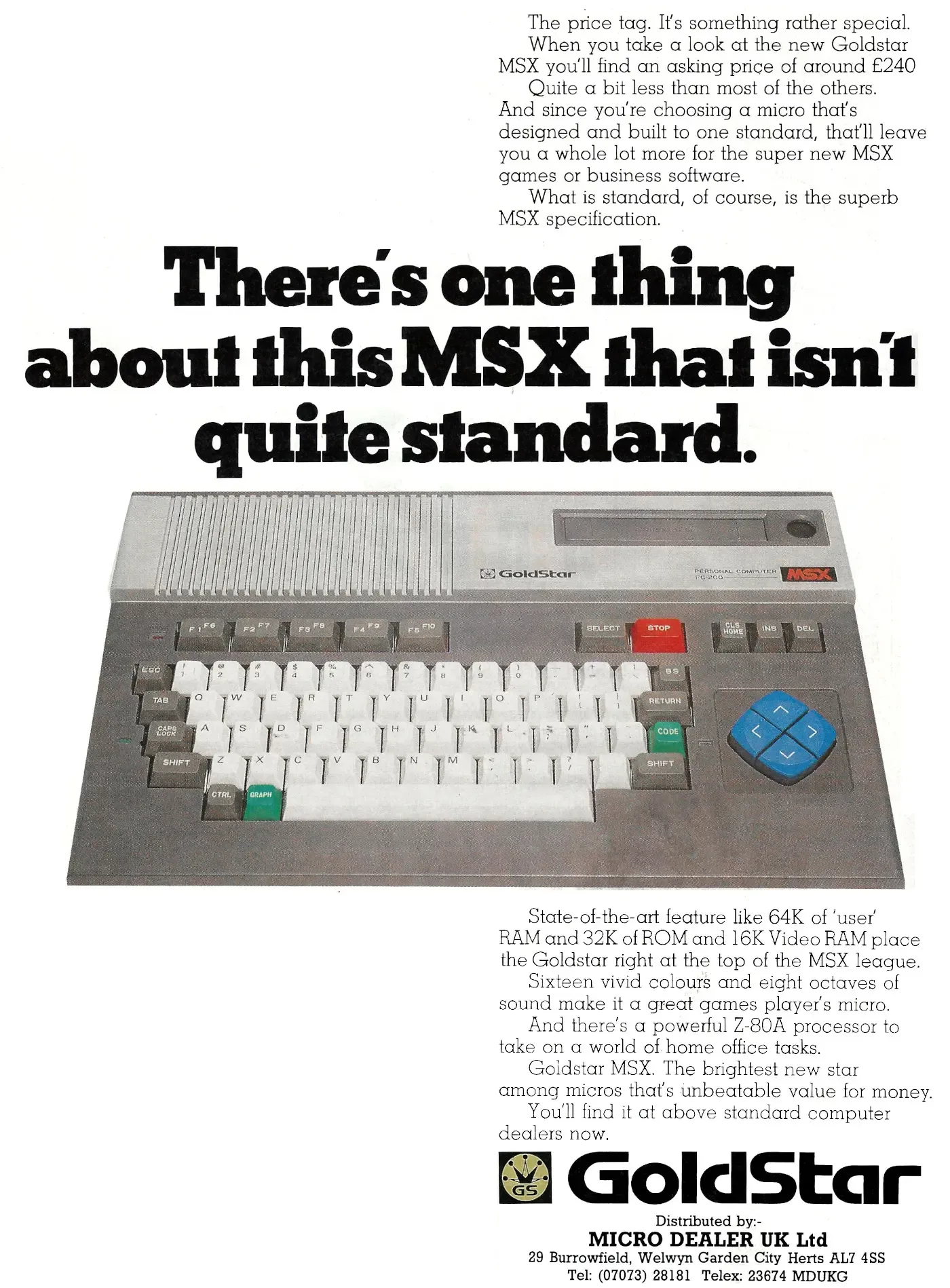 Goldstar MSX magazine advert reading There is one thing about this MSX that is not quite standard