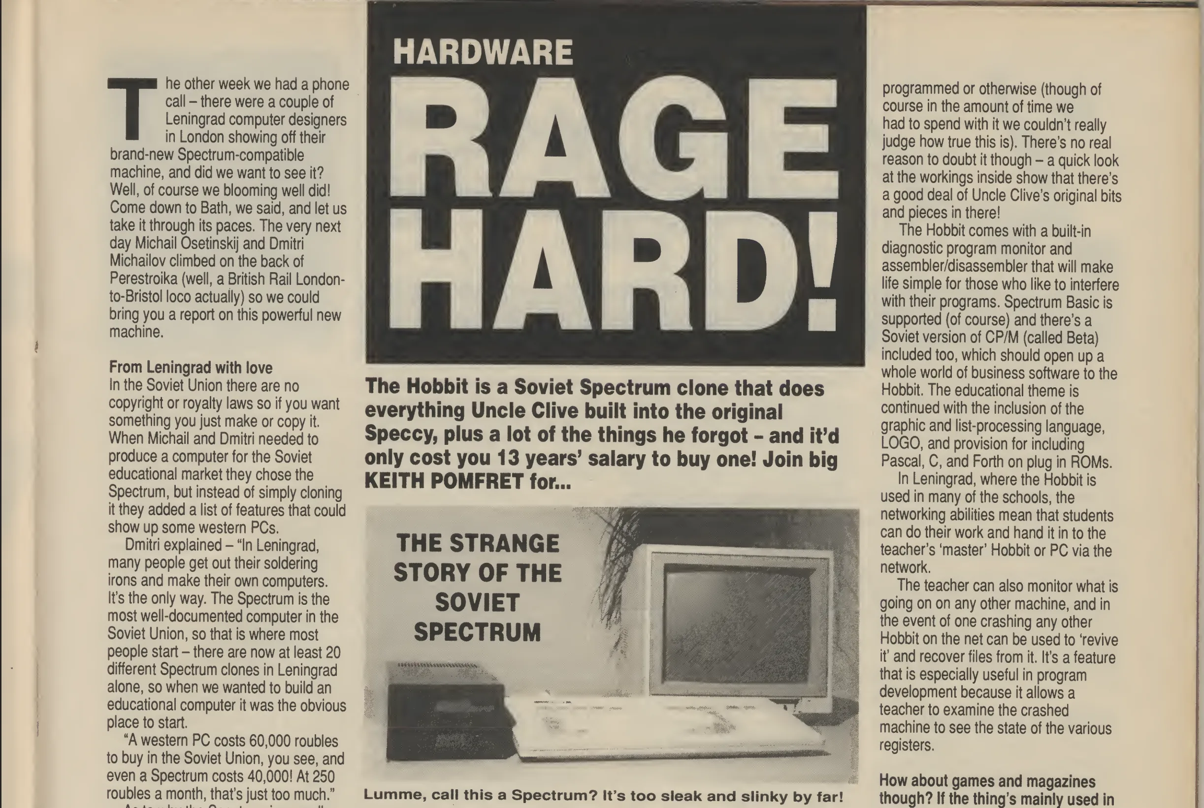 Scan of the Your Sinclair magazine Rage Hard column reviewing the Hobbit computer