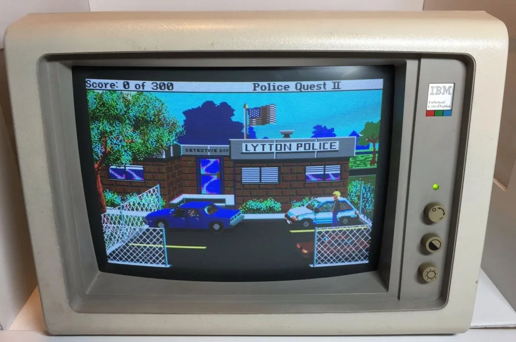 An IBM Enhanced Color Display monitor running Police Quest II