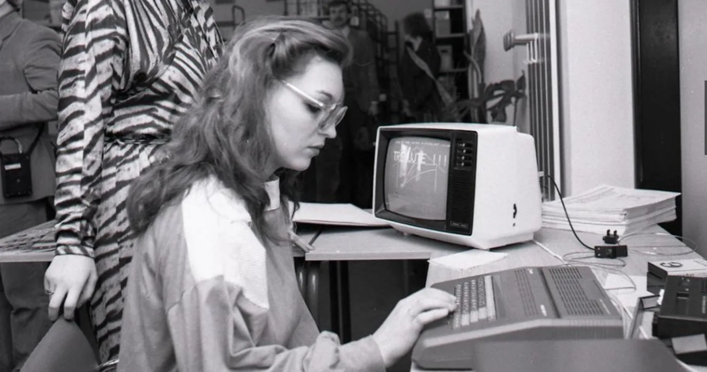 A pupil using a PMD 85 computer in a Czechoslovak classroom during the 1980s.