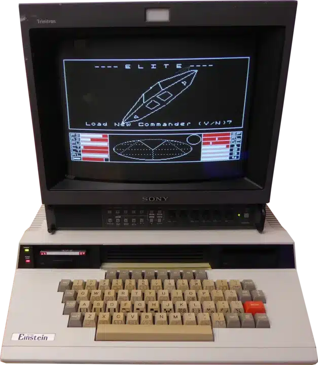 Tatung Einstein with a Sony monitor showing the game Elite
