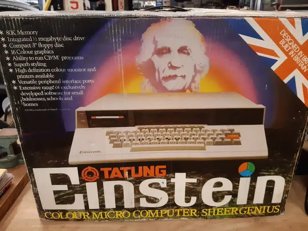 The Tatung Einstein retail box, branded Sheer Genius, with Union Jack livery.