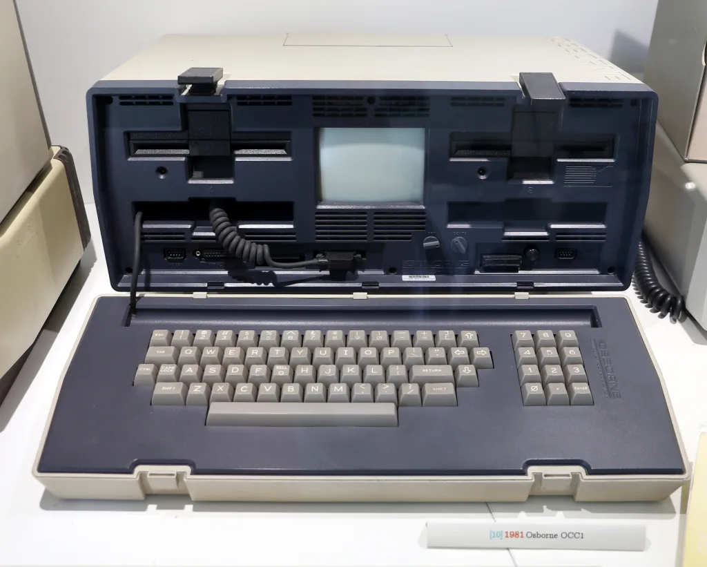 Osborne OCC1 personal computer from 1981 in a museum case