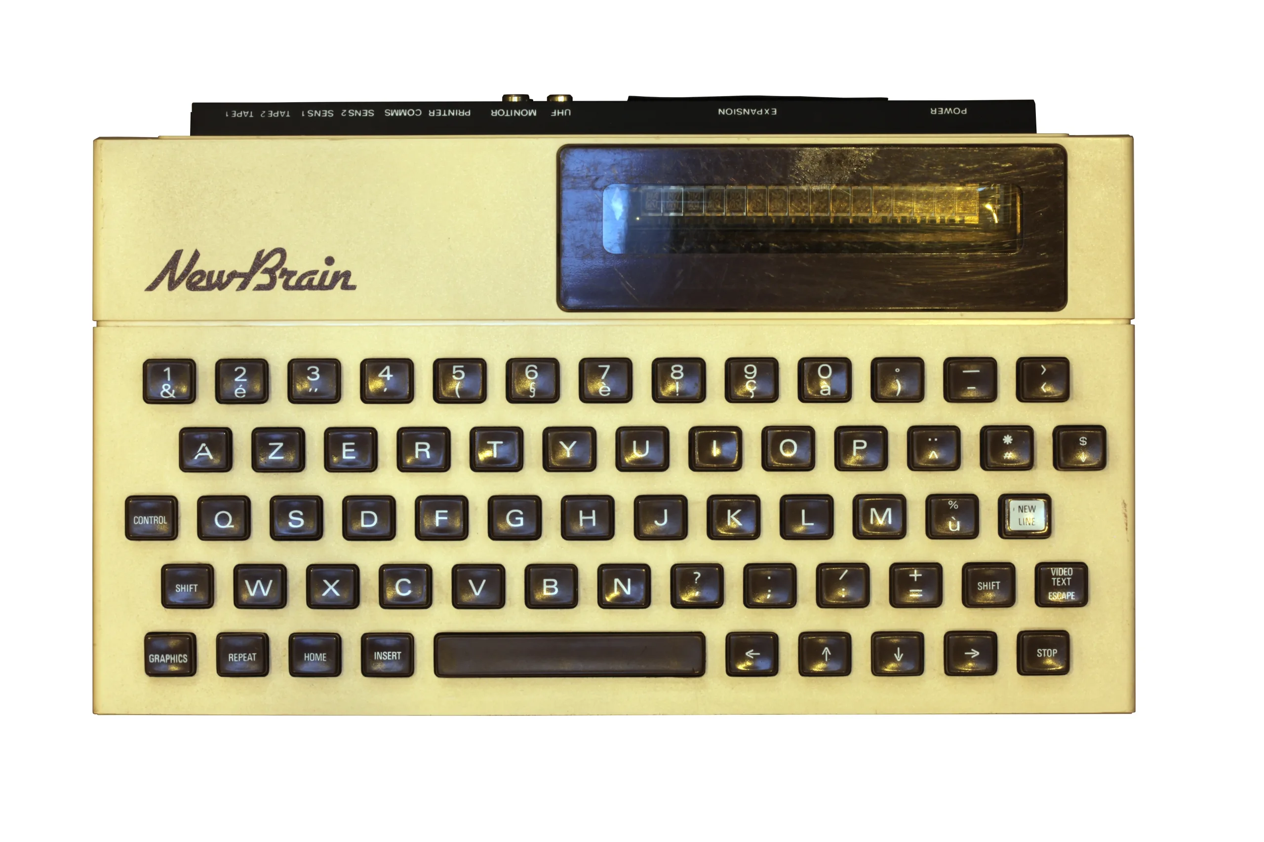 Grundy NewBrain AD computer with a French keyboard and its one-line display, photographed from above at the Musée Bolo
