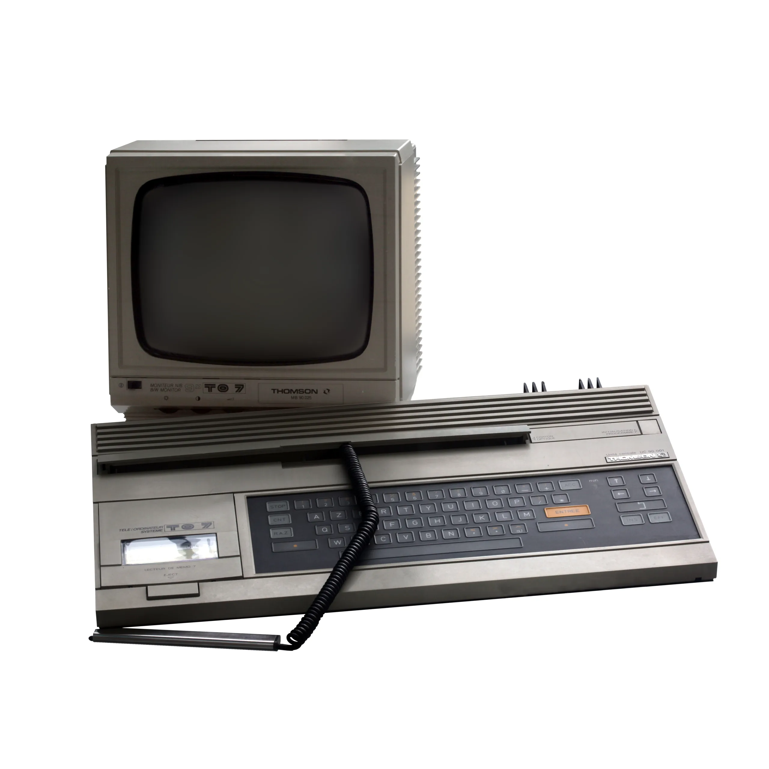 Thomson TO7 home computer with its light pen and MEMO7 cartridge reader