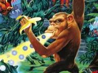 Toki the ape spitting a stream of bubbles at enemies in a jungle, in colourful cover-style artwork