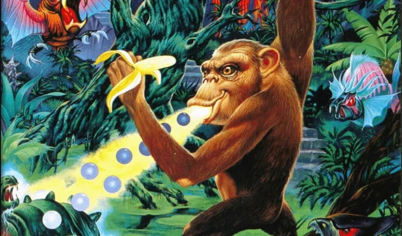 Toki the ape spitting a stream of bubbles at enemies in a jungle, in colourful cover-style artwork
