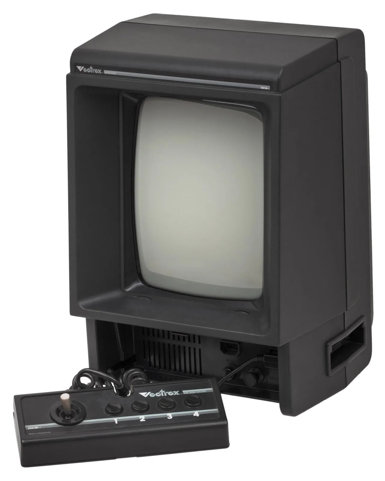 Original Vectrex console with its built-in vector monitor and controller