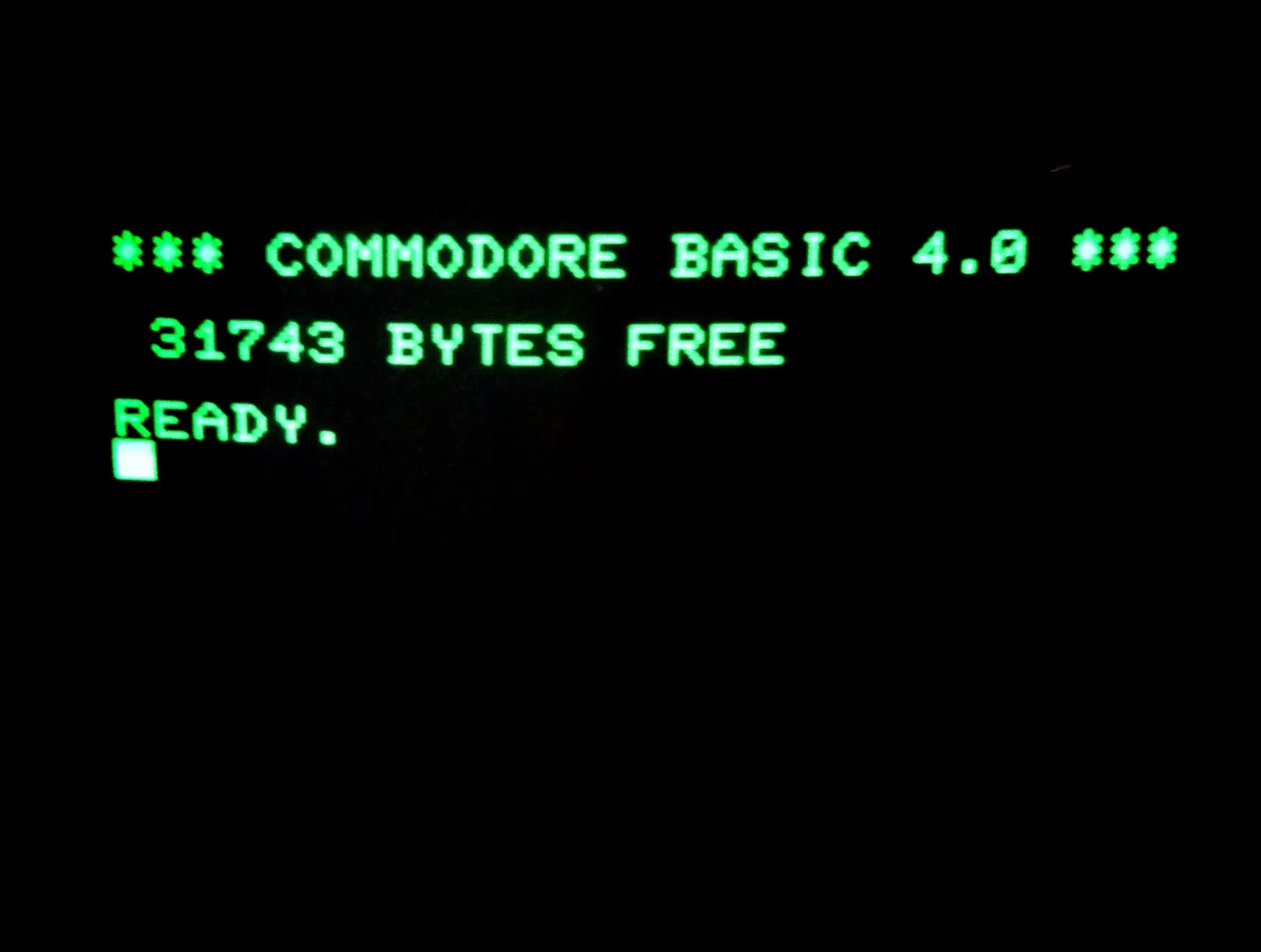 Commodore BASIC 4.0 start-up screen in green text on a black background