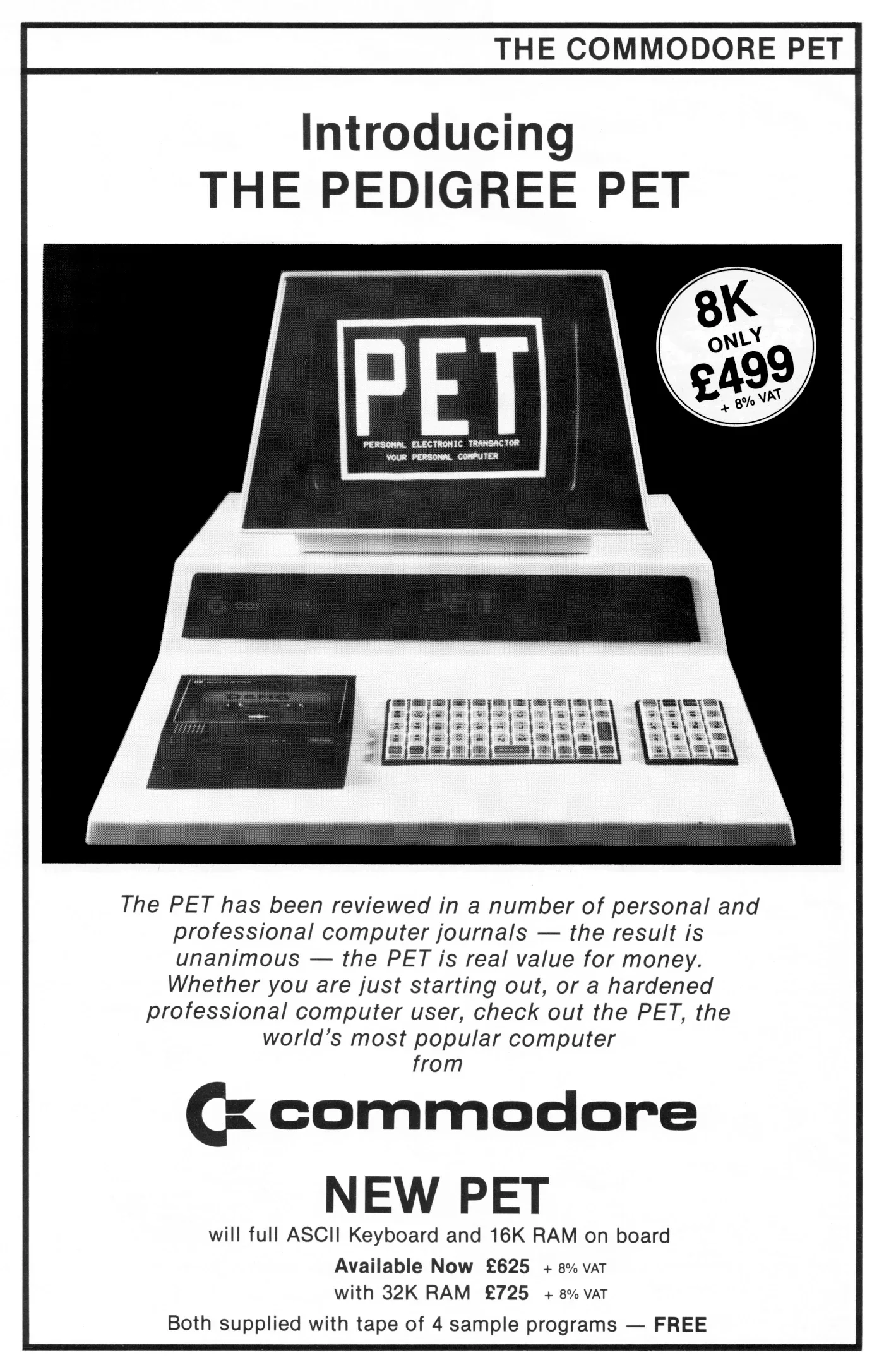 Advert for the Pedigree PET: an 8 KB Commodore PET at 499 pounds plus VAT